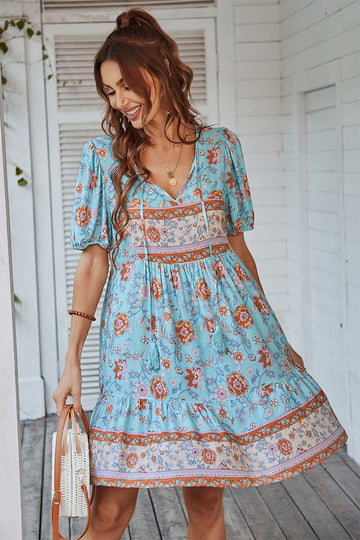 V Neck Bohemian Style Trykt Blå sommerkjole